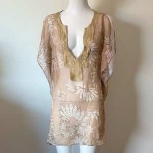 Diane Von Furstenberg Silk Boho Tan and Gold Embroidered Fairy Top Size 4